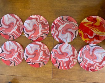 Vintage 1970s Psychedelic Swirl Glass Plates Set of 8, 6.5 Inch Marbled Red Pink Coral Dessert Appetizer Plates, Mid Century Pop Art Barware