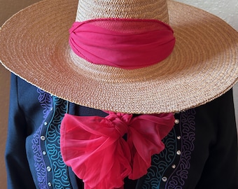 Vintage Made in Italy Woven Straw Boater Hat, Wide Flat Brim Sun Hat with Red Chiffon Scarf Tie, 80s Italian Resortwear