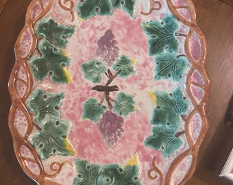 Textured Vintage Italian Etruscan Majolica Dish - Hand Painted Grapes and Vines - Faux Bois Latticework Border