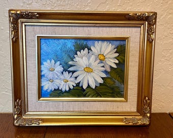 Vintage Signed Daisy Oil Painting by Andrea Crouch 1986 | Framed White Floral Still Life Artwork | 80s Cottagecore Wall Art