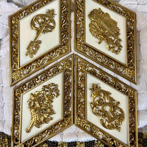 Vintage Syroco Wall Plaques - Set of 4 Ornate Gold and White Decorative Hangings