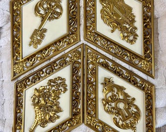 Vintage Syroco Wall Plaques - Set of 4 Ornate Gold and White Decorative Hangings