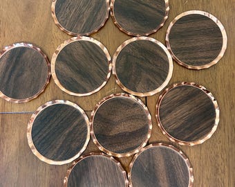 Vintage Mid Century Copper & Woodgrain Coasters Set of 12, Crimped Edge Bottle Cap Barware Coasters, Retro Home Bar