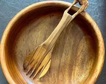 Acacia Wood Bowl and Salad Fork- Vintage