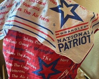 Set of 2 Wrangler National Patriot Bandanas, Vintage Western Military Tribute Hankies, Red White Blue Rodeo Cowgirl Cowboy Headscarf