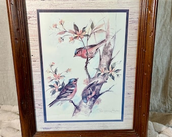Vintage Paul Whitney Hunter Framed "Birds in Tree" Print - Signed Watercolor Style Art - Cottage or Traditional Decor