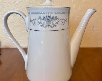 Vintage SMR Fine Porcelain China Coffee Pot Diane Pattern, Made in Japan, Tall White Blue Floral Teapot Silver Trim, Cottagecore Table Decor
