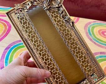 Vintage Hollywood Regency Brass Filigree Tissue Box Holder Bow Accent, Ornate Gold Metal Coquette Vanity Decor, Matson Stylebuilt Casket