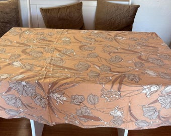 Vintage FloralTablecloth - Taupe, Peach, & Cream Floral Print - Cottagecore Table Linen - Mid-Century Farmhouse Tablecloth