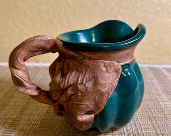 Vintage 1990 Terrafirma Ceramic Pitcher - Handmade Studio Pottery with Leaf Handle - Rustic Organic Vessel