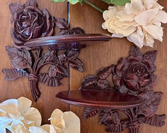 Vintage Syroco Wood Rose Wall Sconces Shelves Set of 2