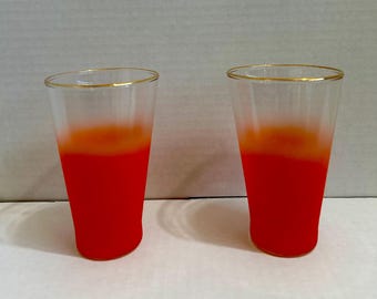 Pair of Vintage Blendo Frosted Orange Fade Glasses - Mid-Century Modern Barware Tumblers - Retro Ombre Glassware