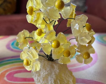 VintageColorflo 1960s Lucite Flower Sculpture - Amber Yellow Resin Blossoms on Raw Stone Base - MCM Kitsch