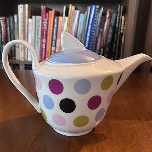 Vintage Postmodern Polka Dot Teapot, Whimsical 90s Memphis Style Ceramic Tea Pot, Colorful Geometric Teapot with Shark Fin Lid
