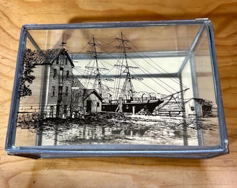Vintage Glass and Mirror Box - Nautical Harbor Scene - Sailing Ship Trinket Box - Maritime Jewelry Box