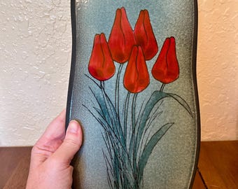 Vintage 1982 Arabia Finland Wall Plaque Red Tulips Helja Liukko Sundstrom Hand Signed Scandinavian Modern Ceramic Enamel Wall Decor