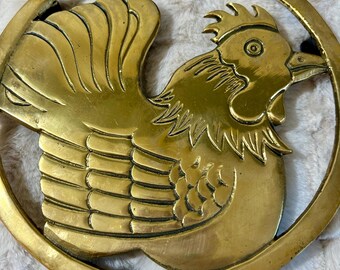 Vintage Solid Brass Rooster Trivet - Farmhouse Kitchen Decor