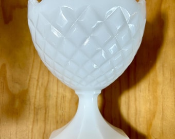 Vintage Napco Milk Glass Dish - Diamond and Ruffle Edge Pedestal Bowl