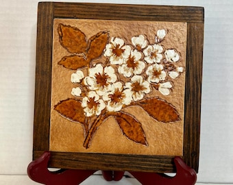 Vintage Italian Semigres Ceramic Tile Trivet - Dogwood Flower Motif - 1970s Earth Tones Kitchen Decor