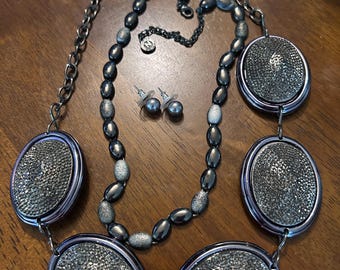 Vintage Napier Jewelry Set - Gunmetal Bib Statement Necklace - Hematite Tone Beaded Necklace & Earrings - Set of 3