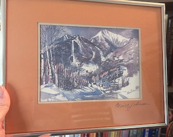 Original Cecile Johnson Signed Watercolor - Mid-Century Modern Mountain Landscape Art - Hand Signed Mat & Art