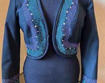 Vintage Hobby Horse Clothing Co Black Bolero Jacket Medium Made in USA, Western Horse Show Apparel, Cropped Equestrian Jacket