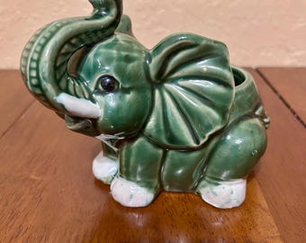 Vintage Green Ceramic Elephant Planter Trunk Up Good Luck | Mid Century Modern Succulent Pot | Emerald Glaze Animal Figurine
