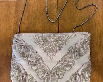 Vintage Regale Beaded Evening Bag Iridescent Pearl Silver Lavender Shoulder Purse Chain Strap