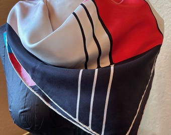 Vintage Italian Pure Silk Scarf, Bold Mod Geometric Colorblock Square Head Scarf, Seta Pura Metal Charm, 60s 70s