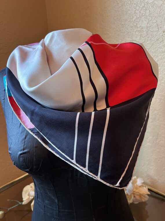 Vintage Italian Pure Silk Scarf, Bold Mod Geometric Colorblock Square Head Scarf, Seta Pura Metal Charm, 60s 70s