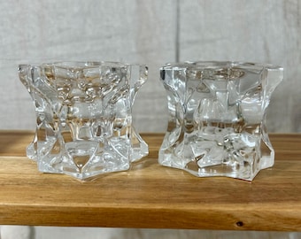 Vintage Mikasa "Sparkling Star" Reversible Candleholders - Set of Two Crystal Glass Candle Holders - Mid-Century Decor