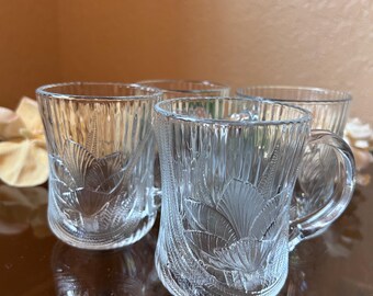 Set of 4 Vintage Arcoroc France Clear Glass Tulip Coffee Mugs Floral Embossed Ribbed Tea Cups French Country Kitchen Mid Century