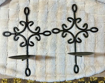 Vintage Wrought Iron Candle Sconces - Black Scrollwork Wall Decor - Set of 2