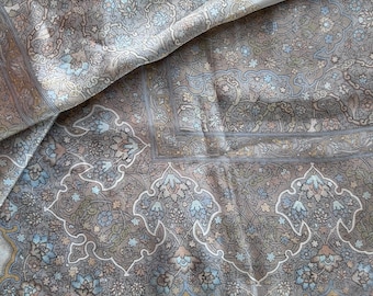 Vintage Liz Claiborne Scarf - Neutral Taupe & Dusty Blue Scroll Medallion - 90s Minimalist Accessory - Soft Earth Tones