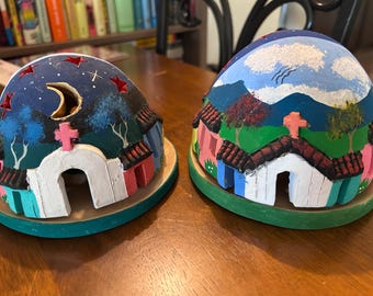 Vintage Mexican Folk Art Luminaries - Set of 2 Day and Night Casita Domes - Hand Painted Terra Cotta Candle Holders
