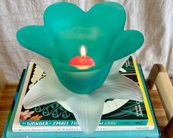 Vintage Studio Nova "Lily" Frosted Glass Votive Holder - Teal and White Floral Candle Holder - Flower Shaped Decor