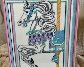 Vintage Framed Carousel Horse Cross Stitch - Handmade Equestrian Art - Retro Nursery Decor