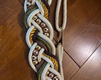 Vintage 80s Braided Corde Rope Belt | Ornate Nautical Coquette Waist Belt | Woven Passementerie Belt | Statement Pearl & Bead Accent