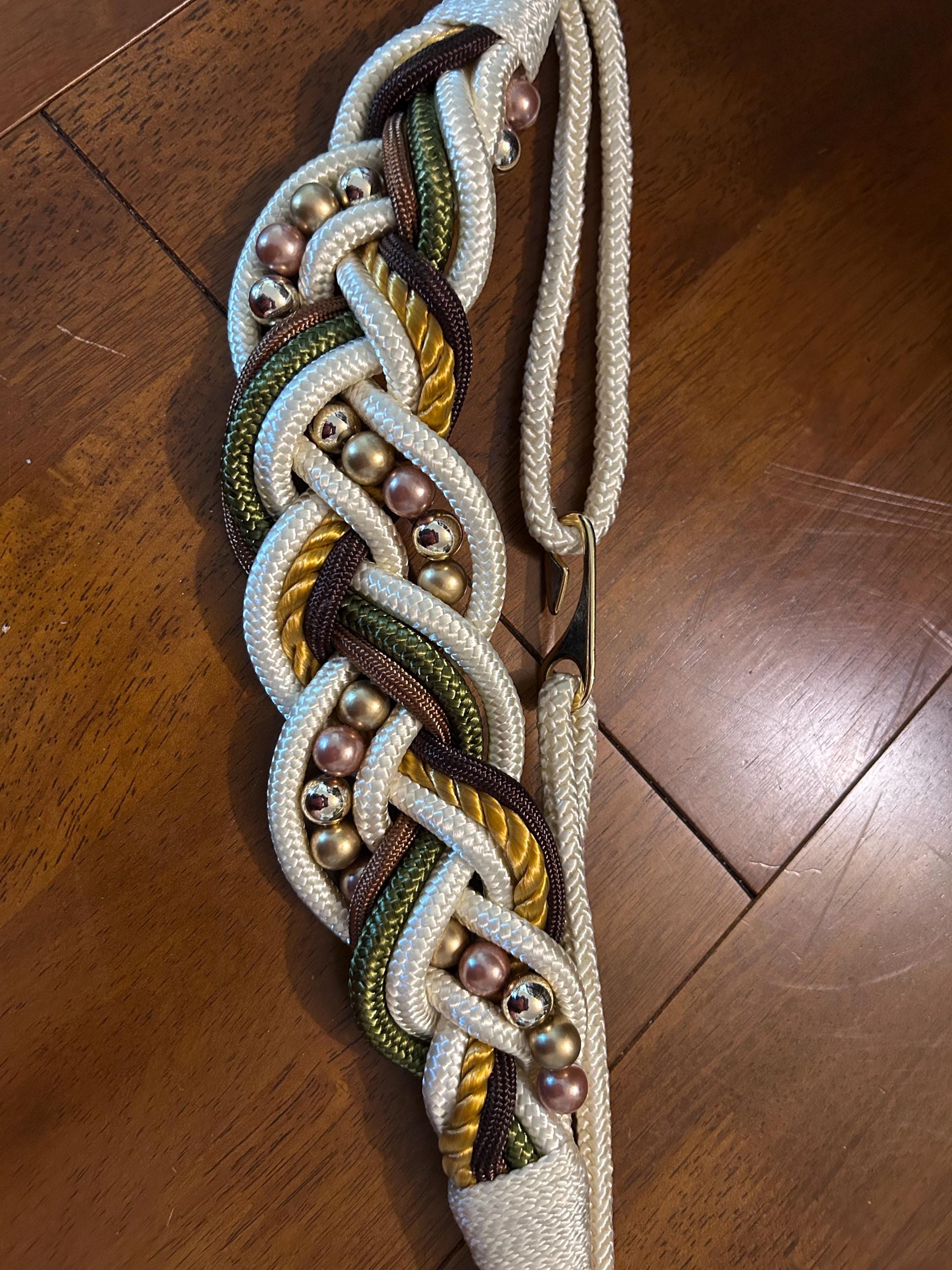 Vintage 80s Braided Rope Belt Passementerie M/L Pink Blue White Silver Nautical Nautical Blue and Cream Braided Rope Belt With Brown Leather  main image 2