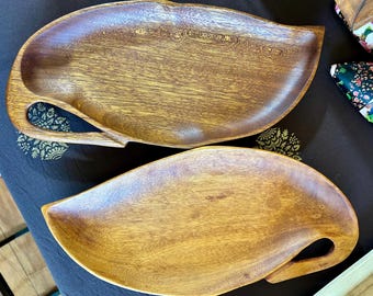 Set of 2 Vintage Carved Wood Leaf Trays - Monkey Pod Wood Serving Dishes