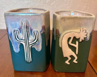 Vintage Southwestern Studio Pottery Mugs Set of 2 Saguaro Cactus Kokopelli Teardrop Rim Drip Glaze Blue Stoneware Signed Cyc
