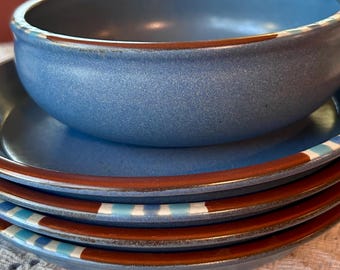 5pc Dansk Mesa Sky Blue Replacement Set, 4 Salad Plates 7" & 1 Cereal Bowl 6", Discontinued Southwestern Terra Cotta Speckled Stoneware