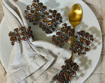 Set of 6 Vintage Amber Gemstone & Filigree Napkin Rings - Ornate Metalwork Table Decor - Rustic Cottagecore Dinnerware