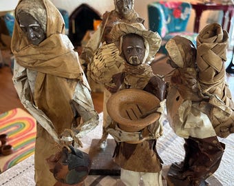 Vintage Mexican Paper Mache Folk Art Figures - Set of 4 Handcrafted Rural Scene Sculptures - Rustic Latin American Decor
