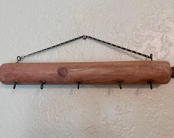 Vintage Wooden Rolling Pin Key Holder- Wall Rack with 5 Brass Hooks, Primitive Country Kitchen Decor, Hanging Apron & Mug Organizer 17"
