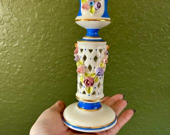 Elegant Vintage Porcelain Candlestick Holders with Applied Flowers - Set of Two