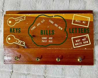 Vintage Wooden Wall Organizer - Retro Key, Bill & Mail Holder - Humorous Cedar Wood Entryway Organizer