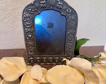 Vintage Indian Pewter Picture Frame Ornate Repoussé Arch Tabletop Photo Frame