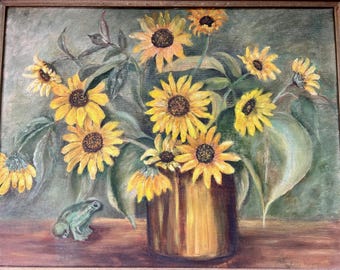 Original Ella Kizer Sunflower Still Life Painting - Vintage Framed Whimsical Flower & Frog Art