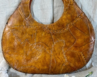 Vintage Patchwork Faux Leather Bag - Rustic Boho Handbag with Round Handle - Hippie Chic Purse